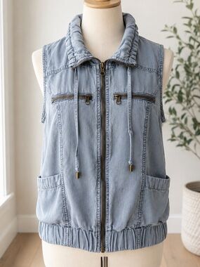 Chambrai Los Angeles 100% Tencel Utility Zip Vest Washed Blue Gray Size Small